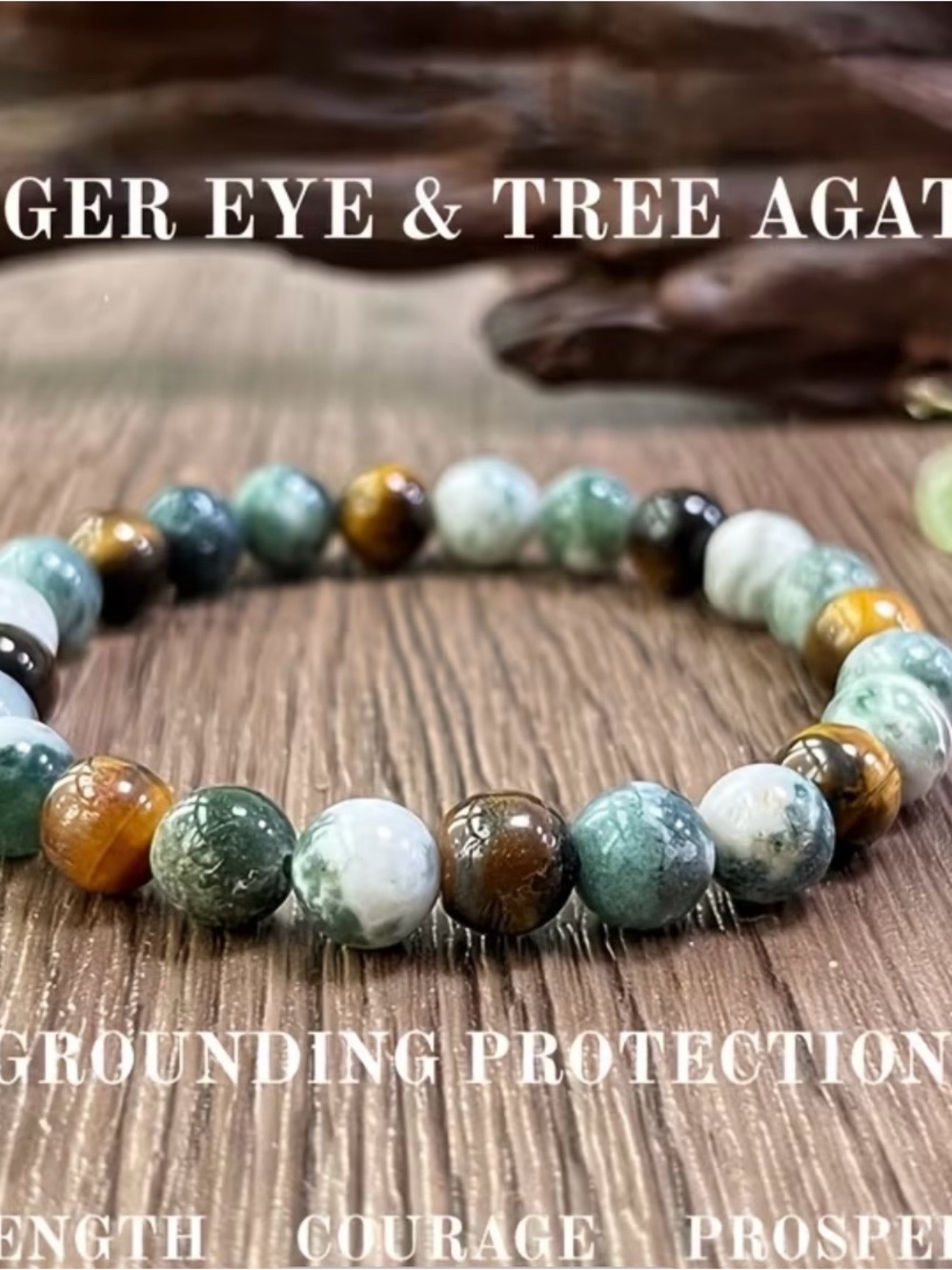 Tiger Eye & Tree Agate Beaded Stretch Bracelet - Green, Brown, White 8mm